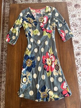 Boden Floral Print Dress in Gray, Pink, Navy and Cream